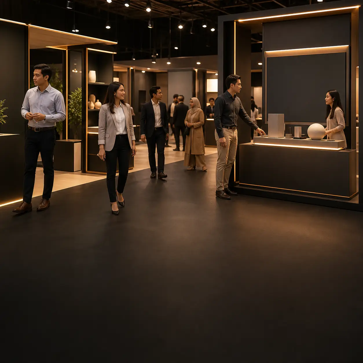Visitors at a branded exhibition booth